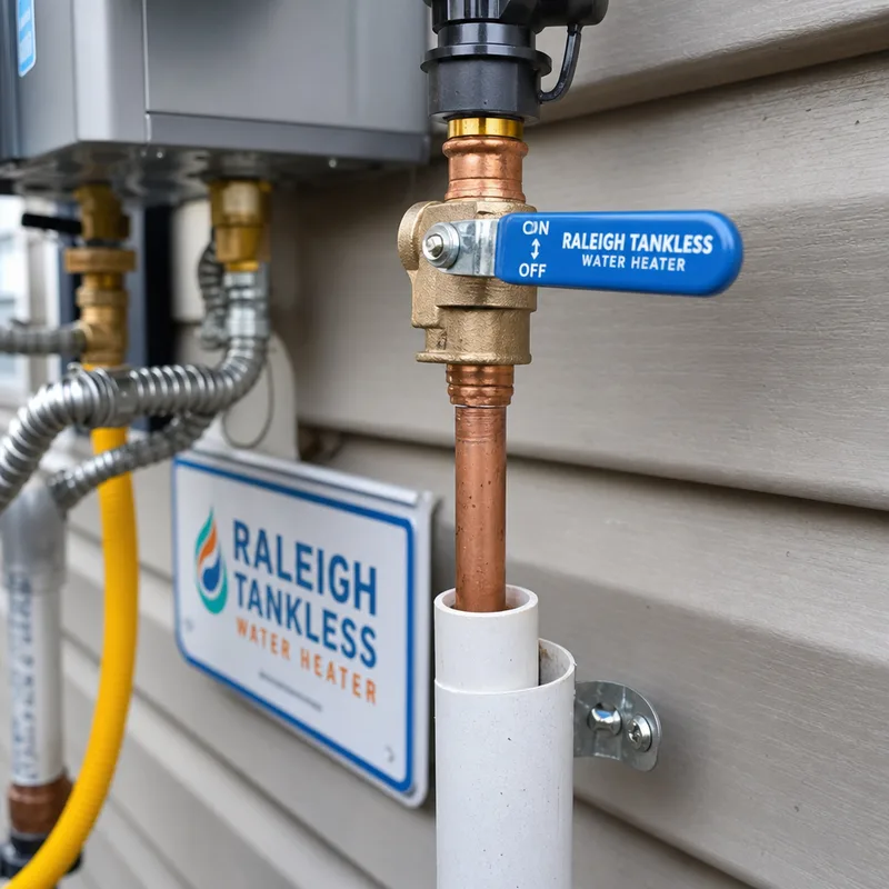 Properly piped pressure relief discharge line and labeled shutoff valve