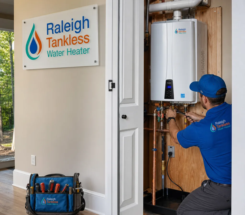Technician setting a new water heater in a clean Raleigh utility closet