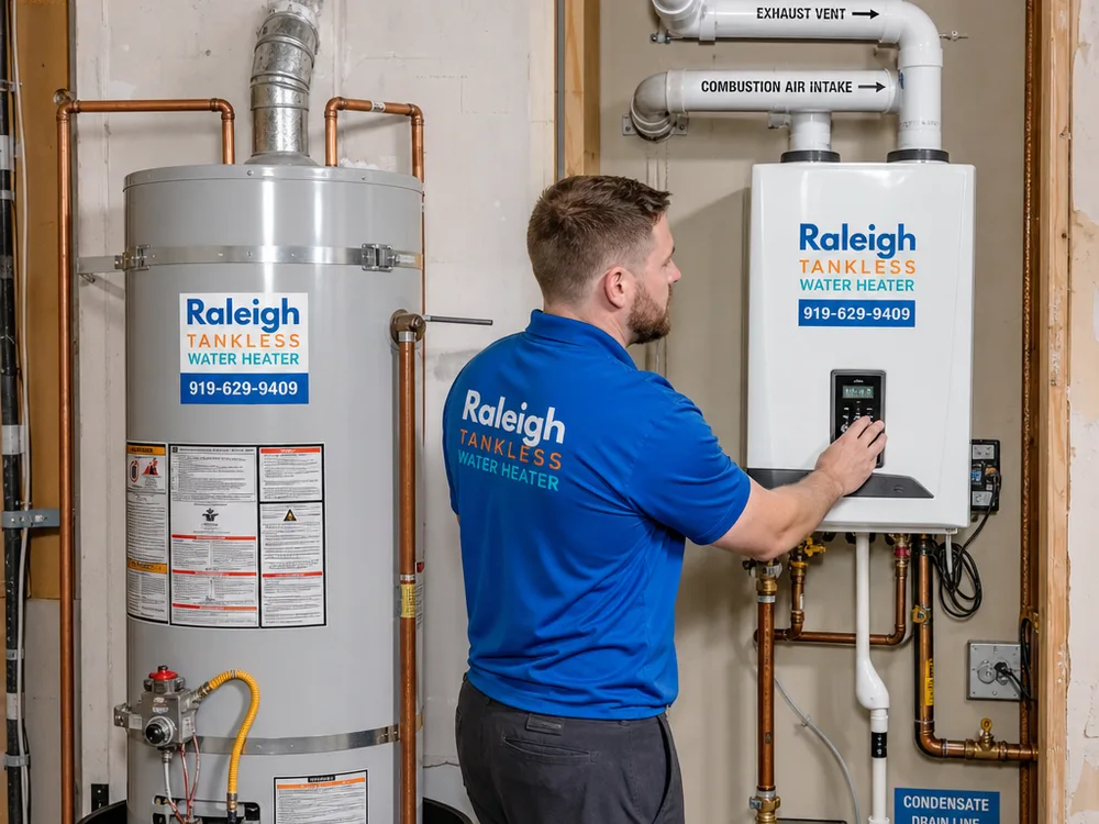 Standard tank and wall-mounted tankless water heaters shown side by side