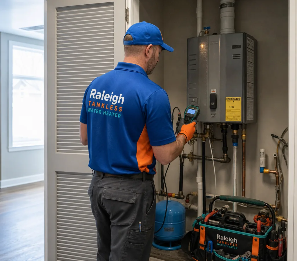 Technician inspecting a residential water heater in a Raleigh utility closet with diagnostic tools