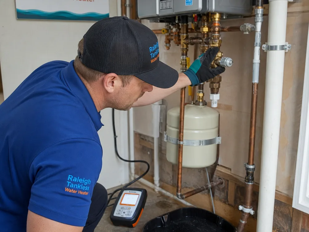 Technician checking a water heater relief valve and expansion tank connection with leak detection equipment