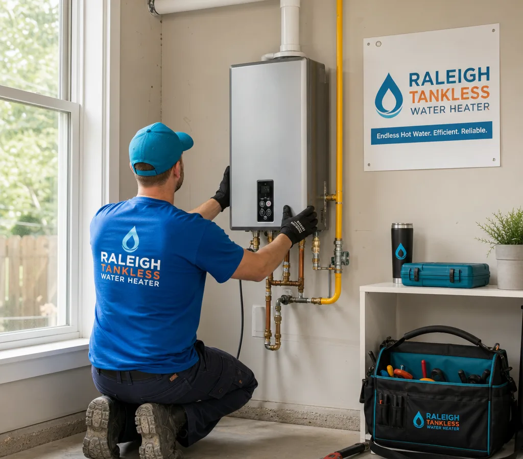 Technician mounting a wall-hung tankless water heater in a Raleigh utility room