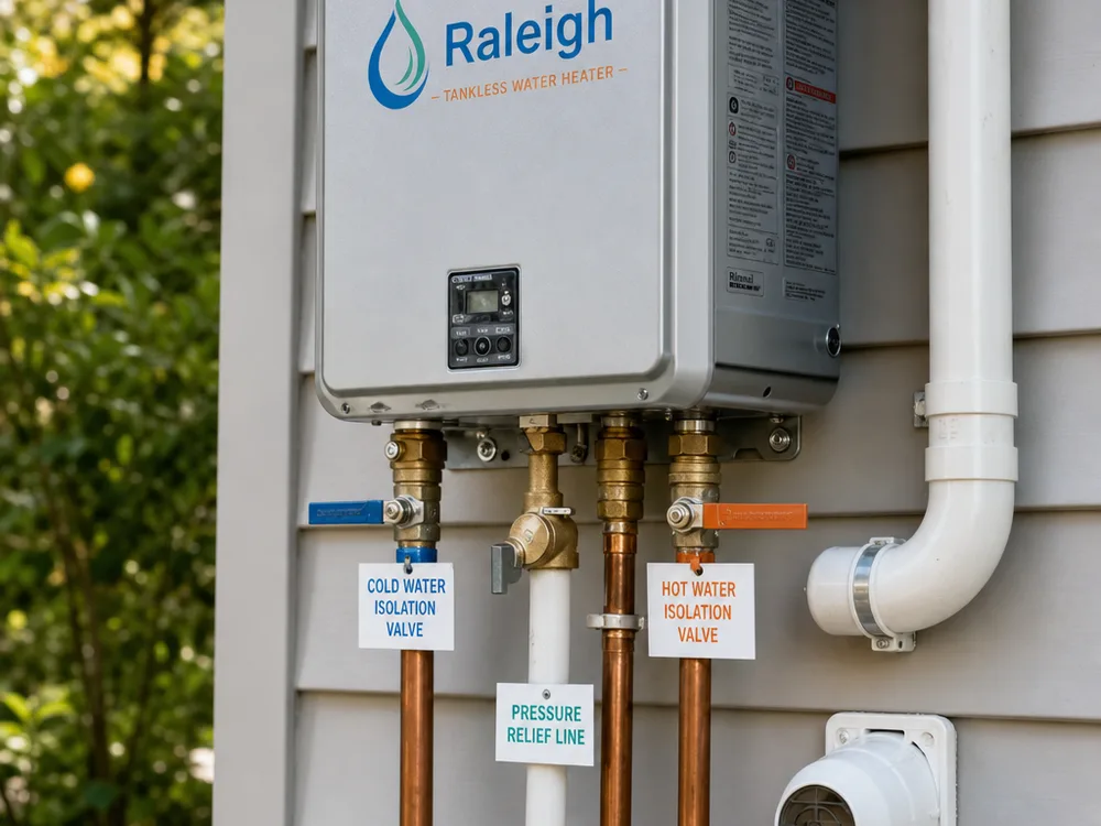 Tankless unit with labeled isolation valves, relief line, and clean vent components