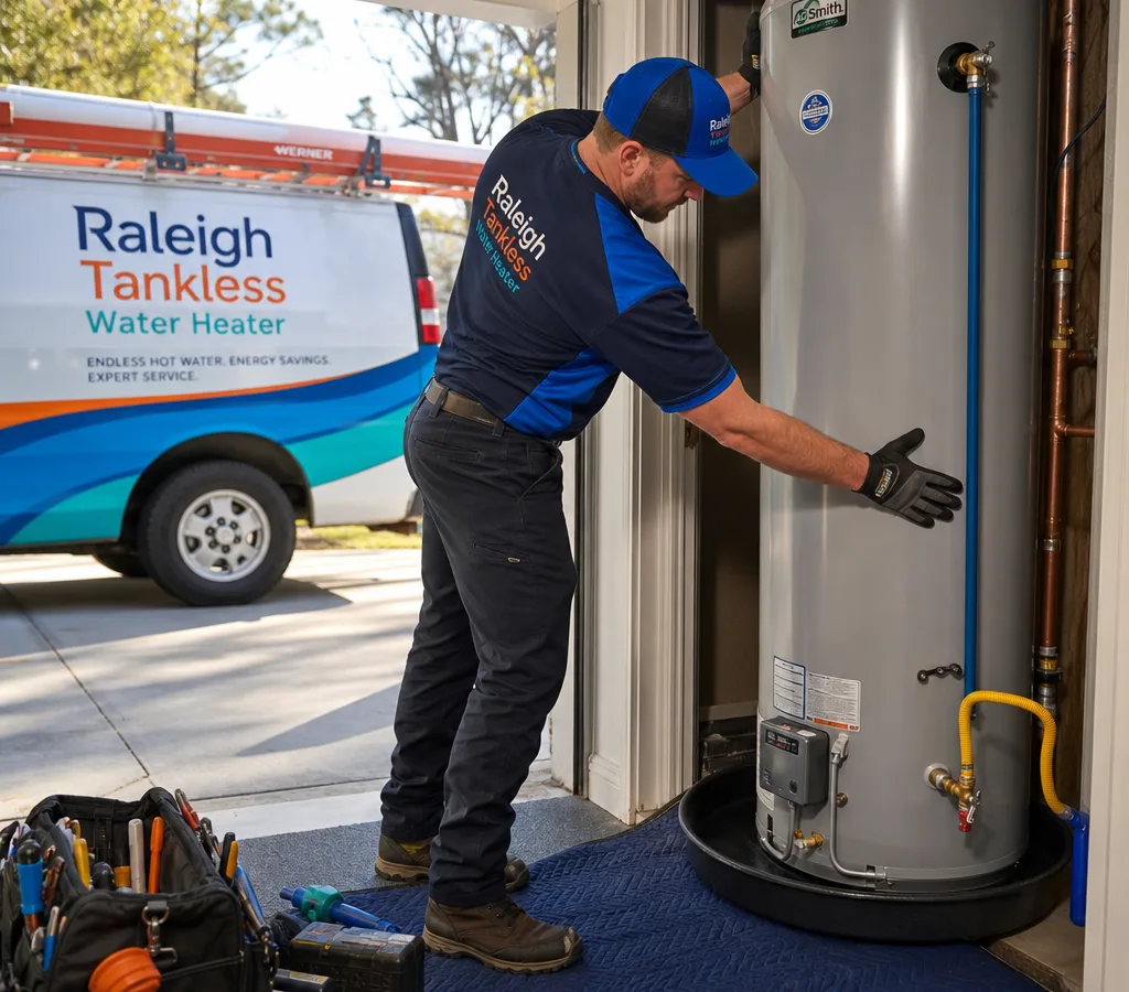 Plumber positioning a new water heater with a drain pan and shutoff in a Raleigh utility space