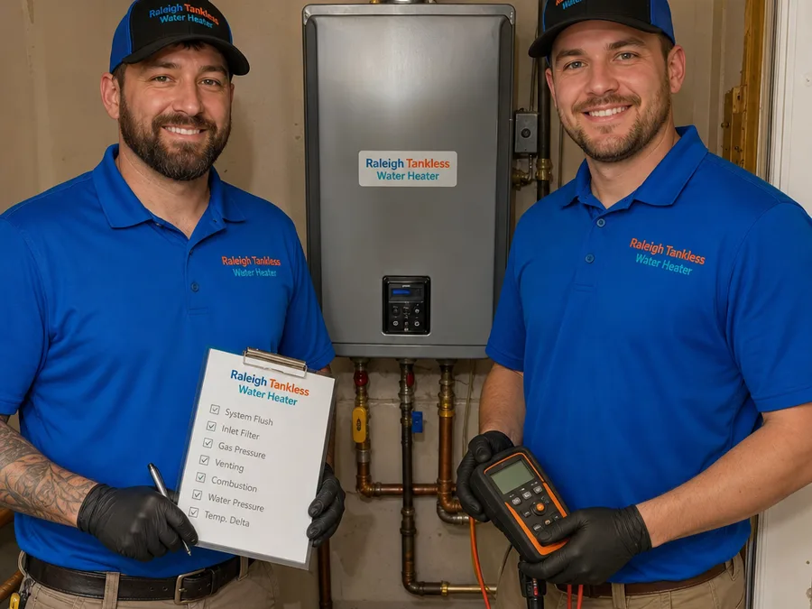Two uniformed Raleigh technicians beside a completed tankless installation