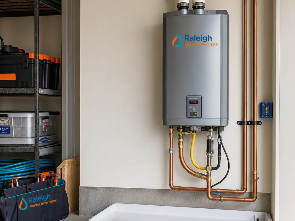 Clean finished water heater installation in a residential mechanical area